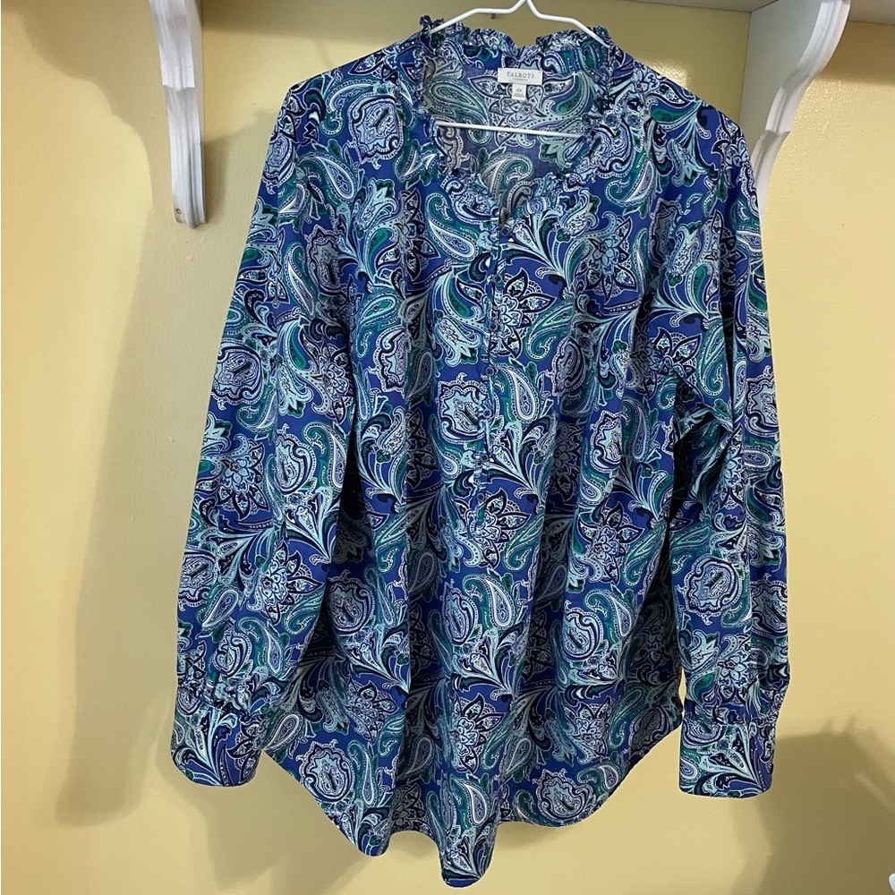 Talbots Blue Green Long Sleeve Mandarin Collar Blouse